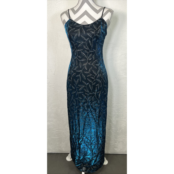 Jessica McClintock Gunne Sax Maxi Dress 7/8 Blue Silver Metallic Prom 90s Y2K FS - Picture 1 of 11
